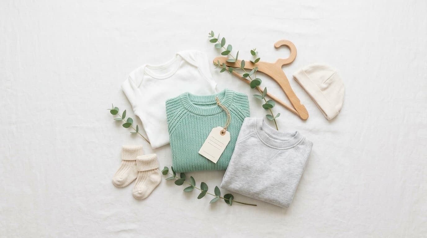 Prendas infantiles dobladas con cuidado sobre una tela de lino: body blanco, jersey de punto verde menta, sudadera gris, calcetines y gorrito